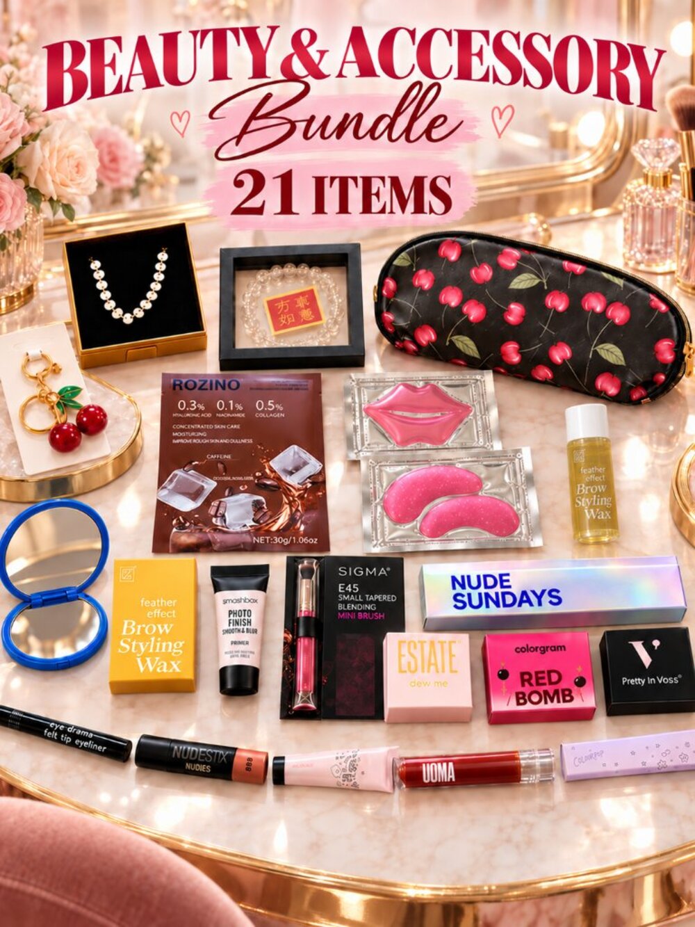 21-Piece Beauty & Makeup Bundle | Skincare, Jewelry, Cosmetics & Accessories
